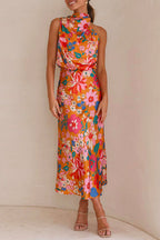 Tie Back Halter Sleeveless Waisted Maxi Floral Dress