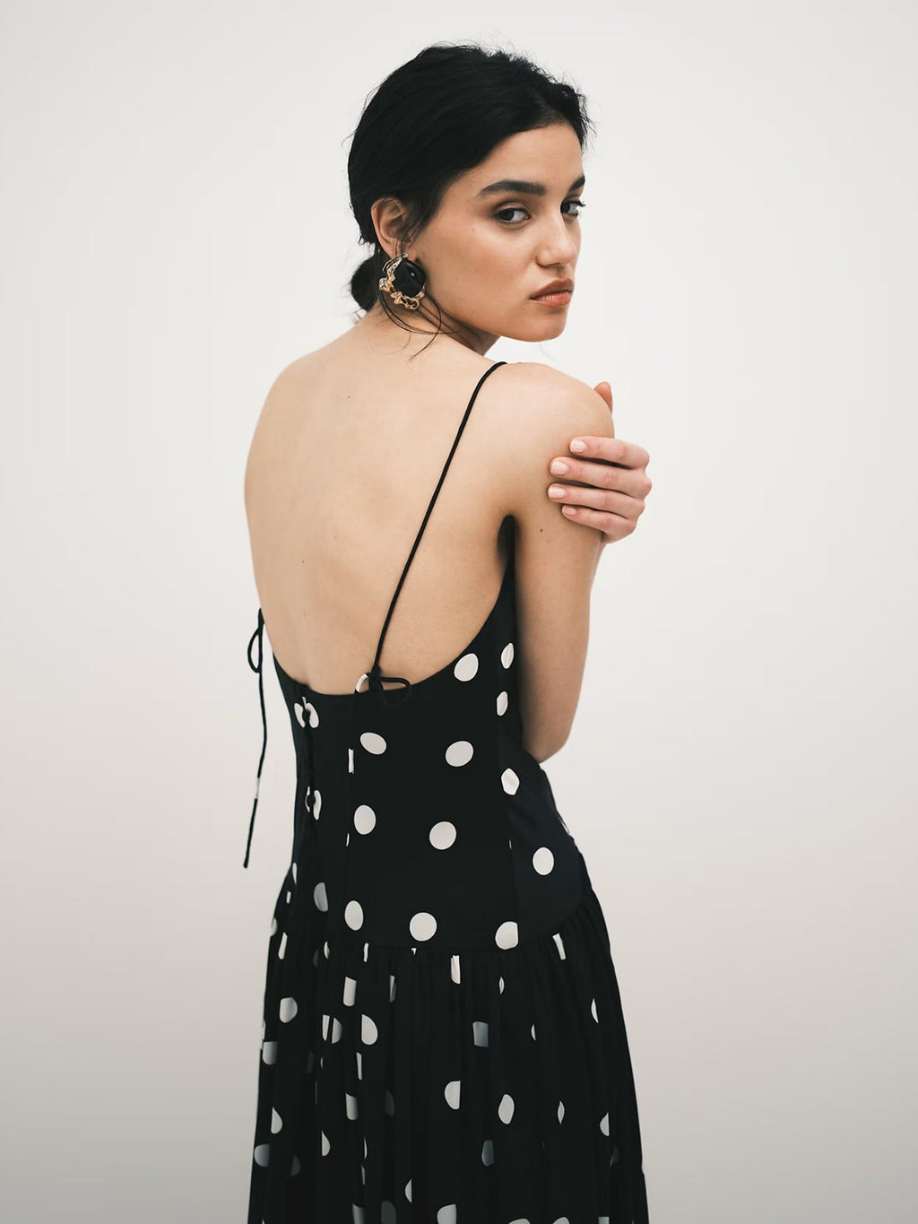 Polka Dots V-neck Suspenders Backless Large Skirt No Belt Maxi Dresses