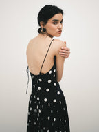Polka Dots V-neck Suspenders Backless Large Skirt No Belt Maxi Dresses