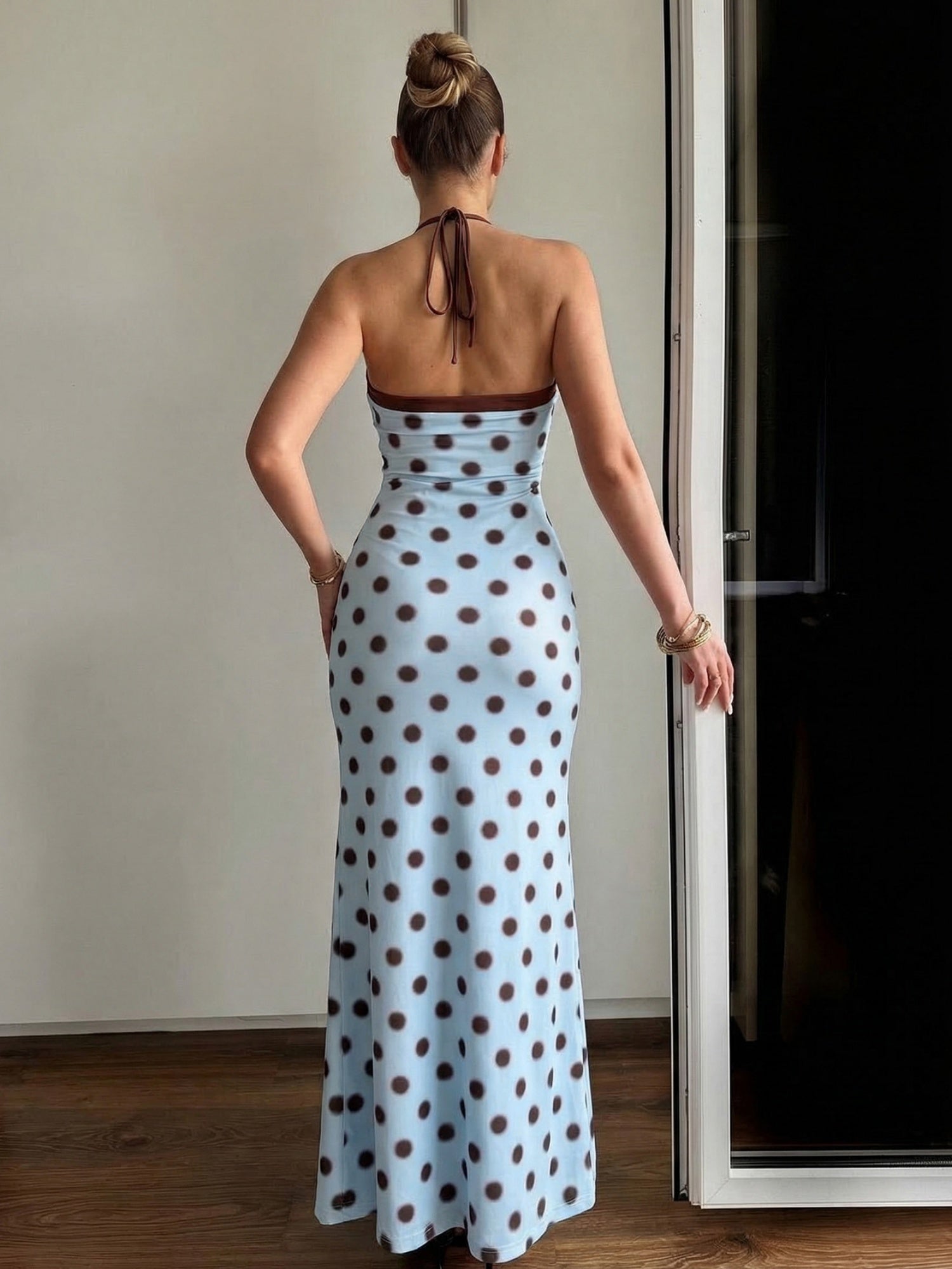 Polka Dots Color-blocked Halter Neck And Backless Maxi Dresses