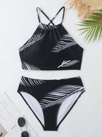 Feather Print Two-Piece Swimsuit With Sun Protection And Skirt (Three-Piece Set)