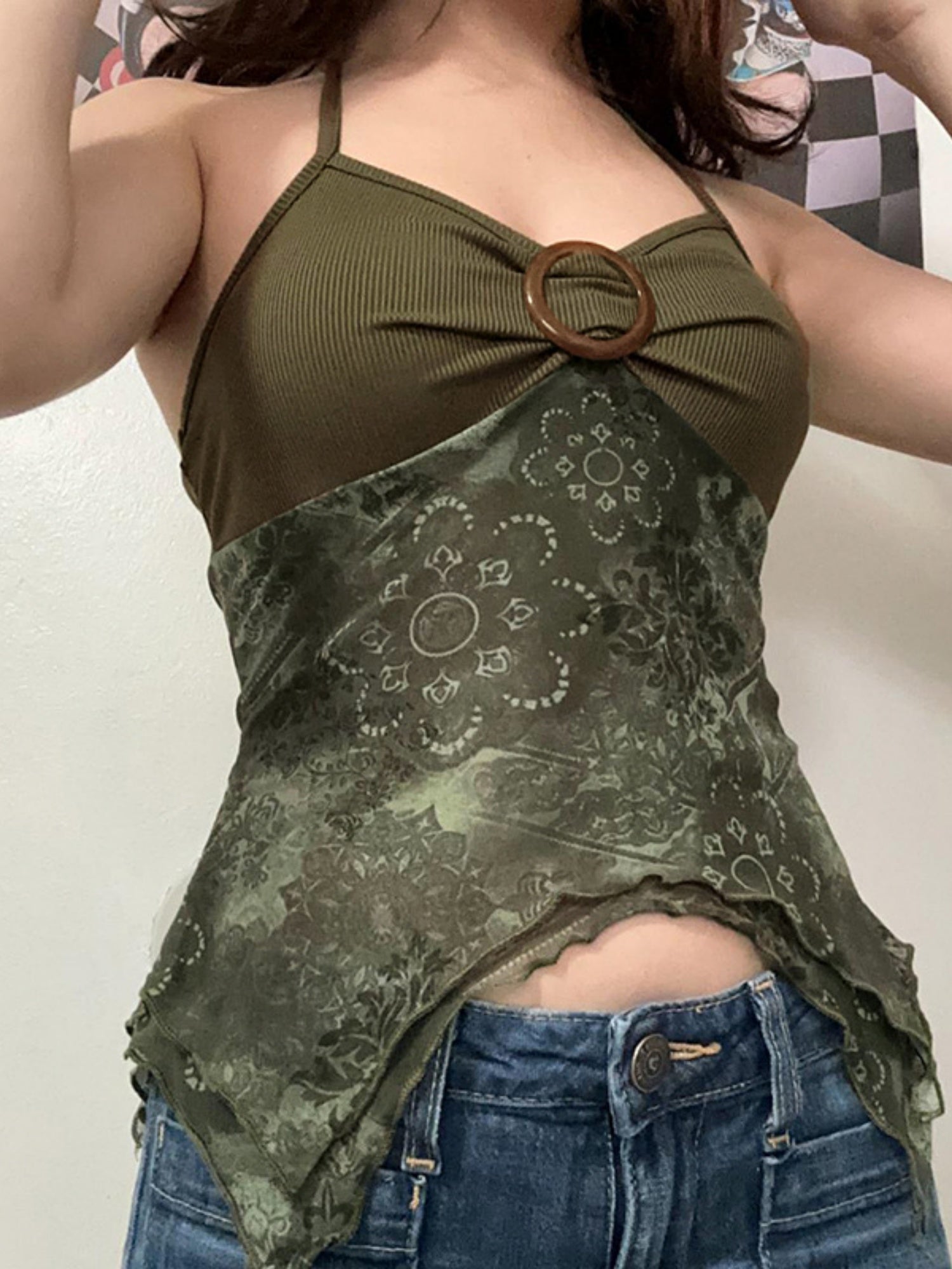 Metal Buckle Pleated Halter Neck And Backless Tank Top