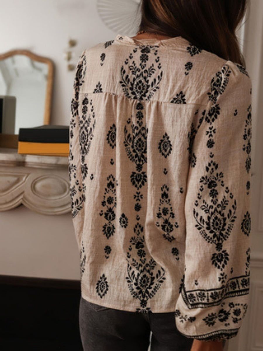Geometric Print V-neck Long-sleeved Shirt