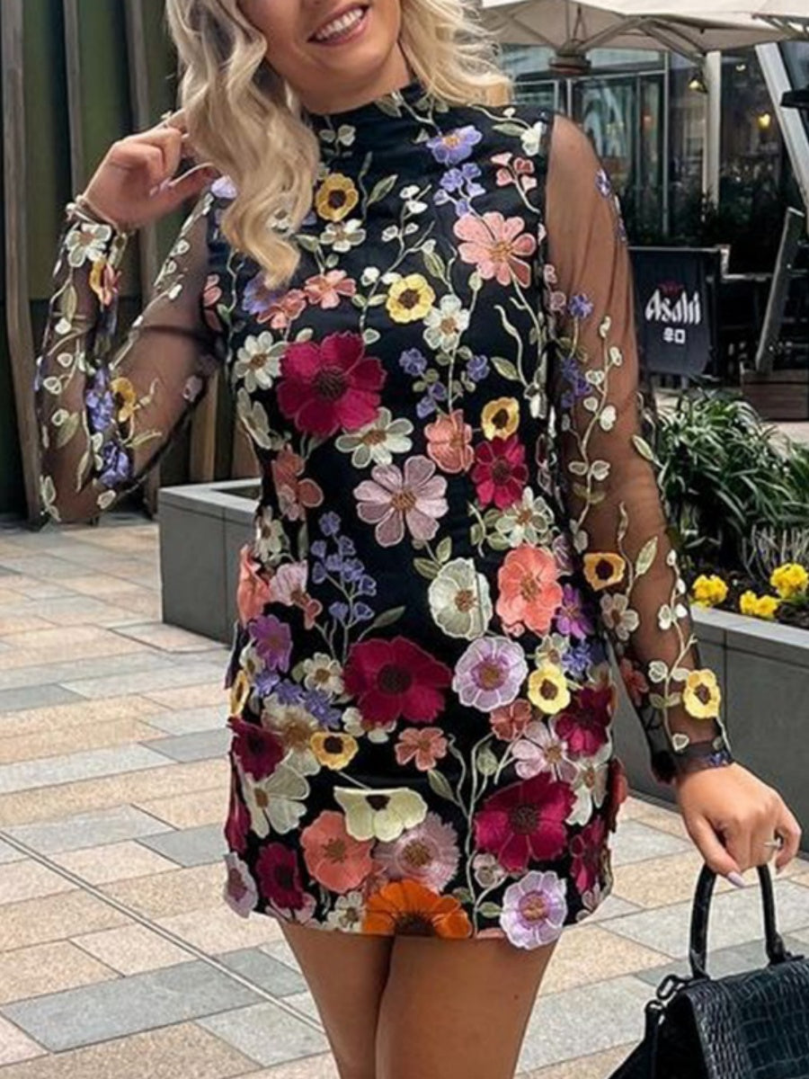 3D Floral Mesh Lace Embroidery Bodycon Slimming Sexy Dress