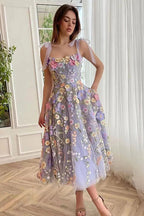 Sweetheart Corset Bodice 3D Floral Embroidered Tie Shoulder Mini Dress