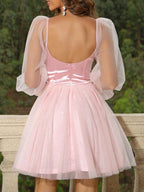 Sequins Heart-shaped Neckline Mesh Balloon Sleeve Sweet Mini&Short Dresses