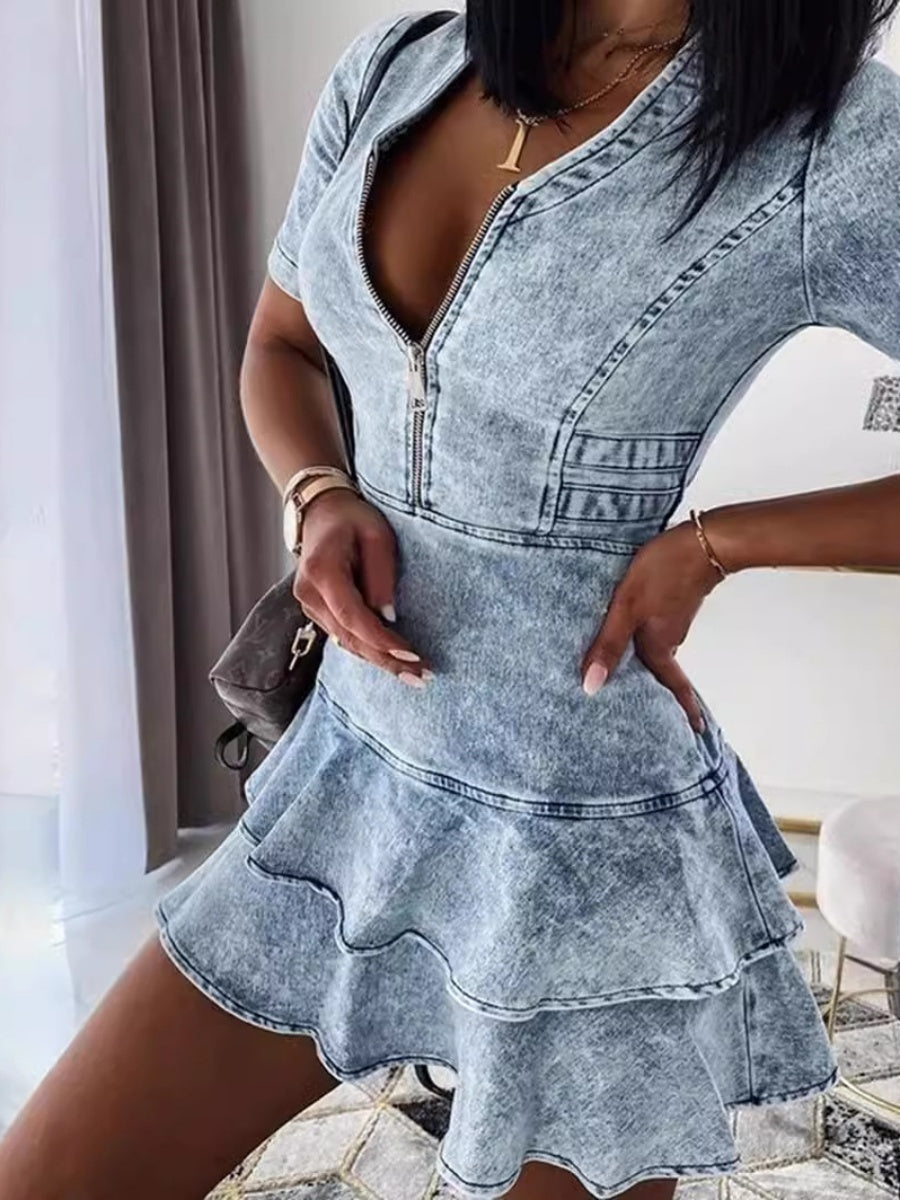 Short Sleeve V-neck Ultrashort Leisure Denim Dress