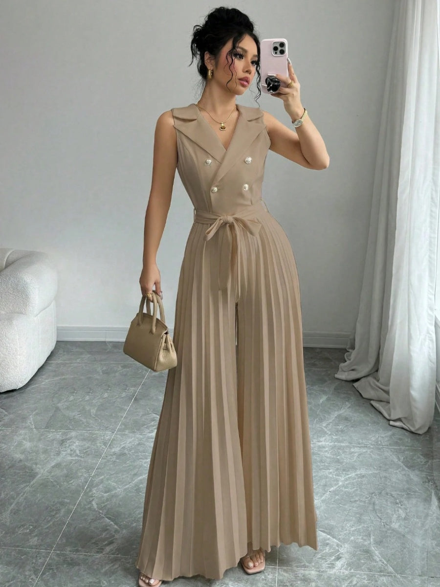 Commuting Suit Collar Pleated Pants Double-breasted Jumpsuits