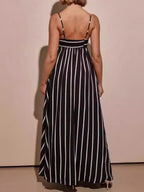 Striped Color Blocking Spaghetti Strap Backless Large Skirt Pockets Maxi Dresses