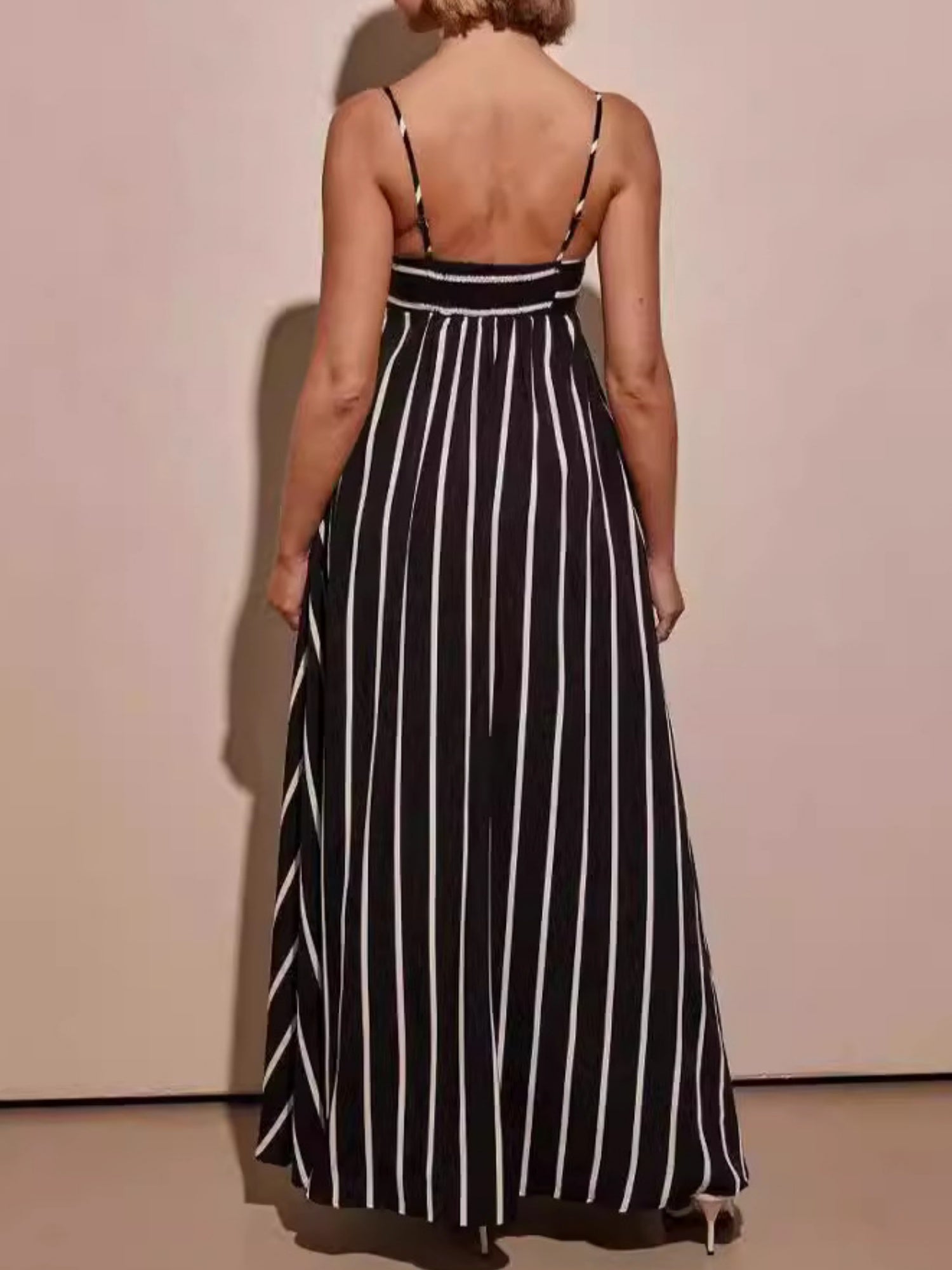 Striped Color Blocking Spaghetti Strap Backless Large Skirt Pockets Maxi Dresses