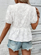 Lace Flowers Bow Tie Hollow Out Round Neck Puff Sleeves T-shirts