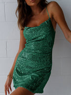 Cowl Neck Spaghetti Strap Sequin Bodycon Mini Dress