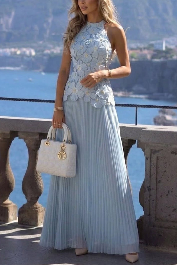 Emilie 3D Floral Embroidery Pleated Chiffon Hem Halter Neck Sleeveless Maxi Dress