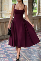 Square Neck Wide Strap Pleated Fit and Flare Midi Dress