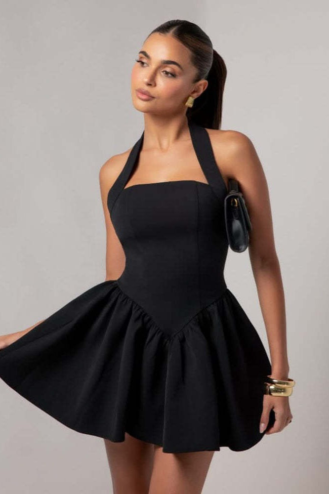 Halter Neck Square Neckline Fit and Flare Structured Mini Dress