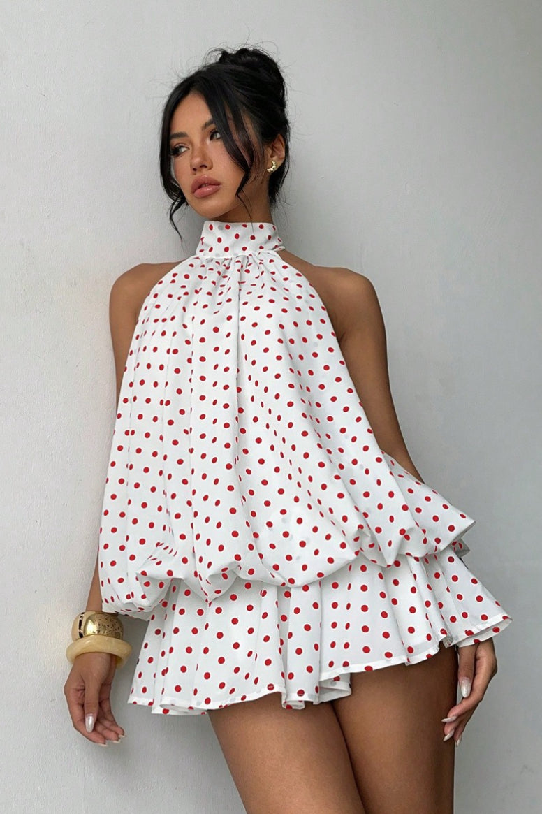 Halter High Neck Tiered Ruffle Polka Dot Romper Dress
