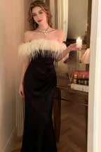 Strapless Feather Trim Neckline Draped Wrap Front Asymmetric Hem Midi Dress