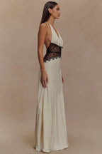 Lace Patchwork Backless Halter Dress