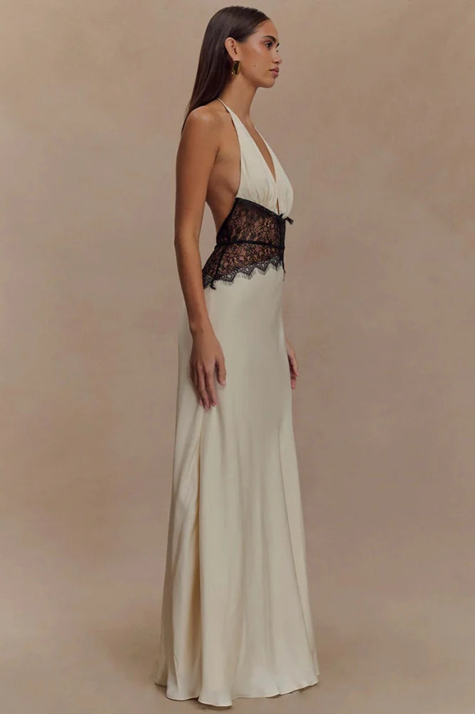 Lace Patchwork Backless Halter Dress