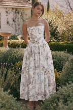 Square Neck Corset Bodice Dropped Waist Floral Ribbon Print Maxi Dress