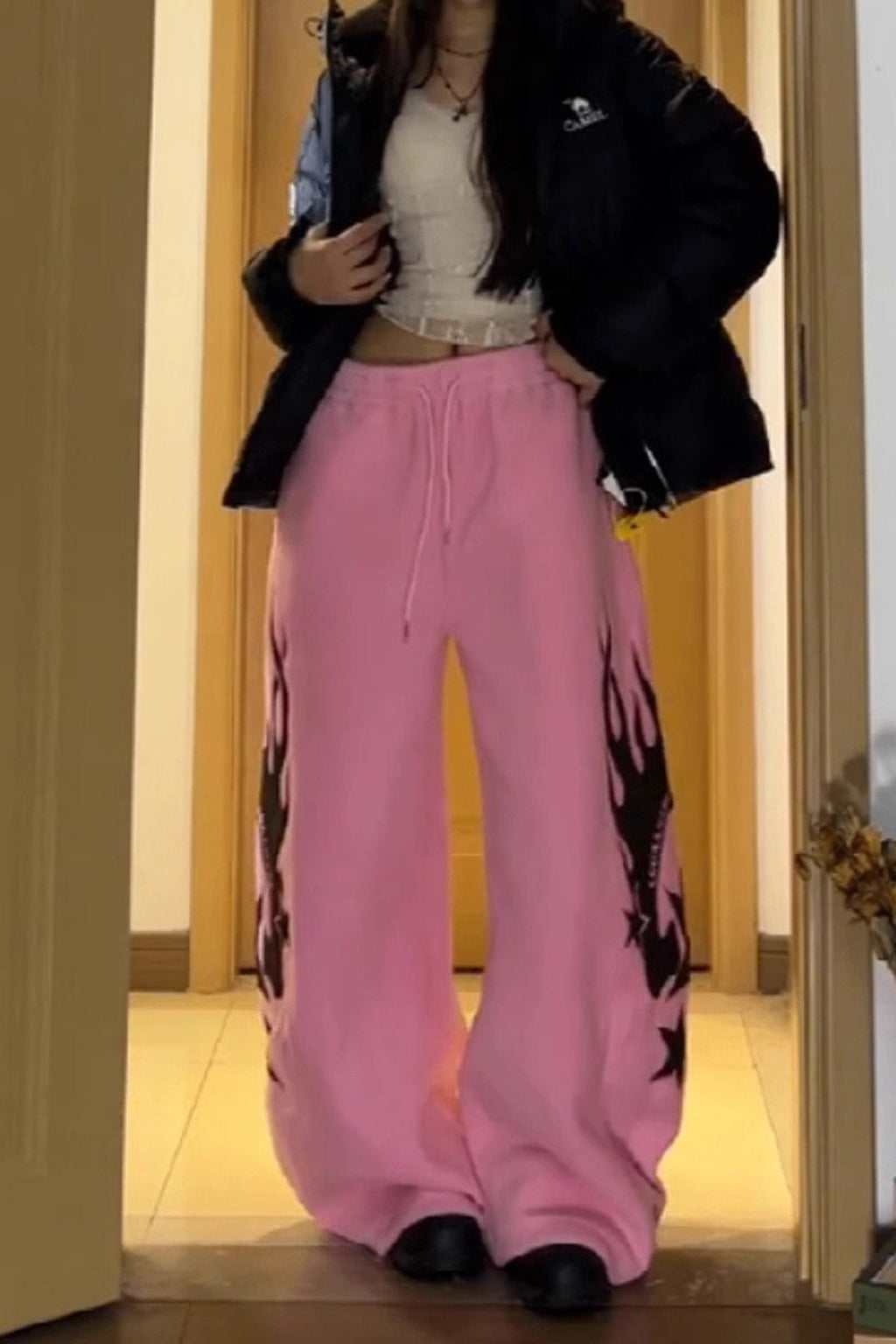 Flame Print Sherpa Drawstring Curved Leg Pants