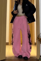Flame Print Sherpa Drawstring Curved Leg Pants