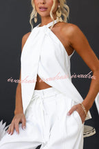 Gette Linen Blend Slit Front Top and High Rise Knoted Pocket Wide Leg Pants Set