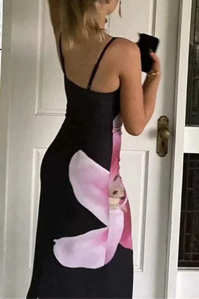 Floral Print Scoop Neck Wide Strap Bodycon Maxi Dress
