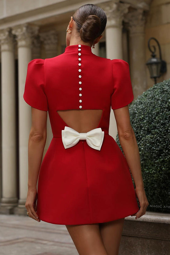Charlie Chic Short Sleeve, Backless Mini Dress with Slit and Detachable Satin Bow Statement Occasion Edit