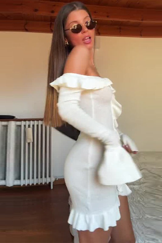 Off Shoulder Ribbed Knit Center Ruffle Bodycon Mini Sweater Dress