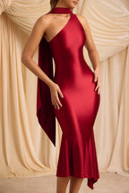 Satin One Shoulder Draped Sash Mermaid Cocktail Midi Dress