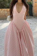 Gingham Halter Deep V-Neck Drop Waist Pleated Maxi Dress