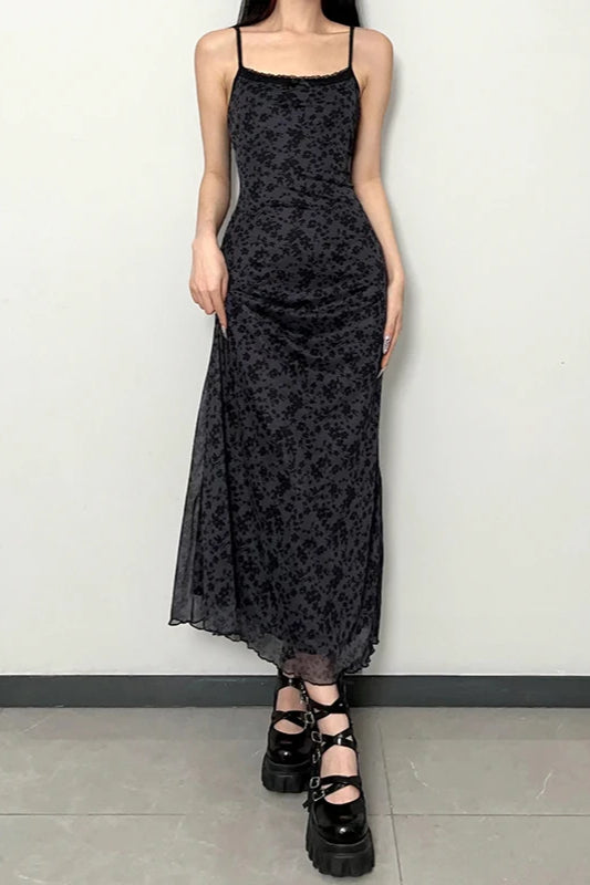 Lace Trim Mesh Floral Spaghetti Strap Midi Dress