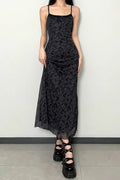 Lace Trim Mesh Floral Spaghetti Strap Midi Dress