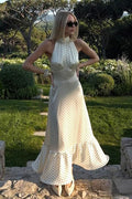 Polka Dot Satin Halter Ruffled Neck Tiered Ruffle Hem Maxi Dress