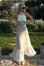 Polka Dot Satin Halter Ruffled Neck Tiered Ruffle Hem Maxi Dress