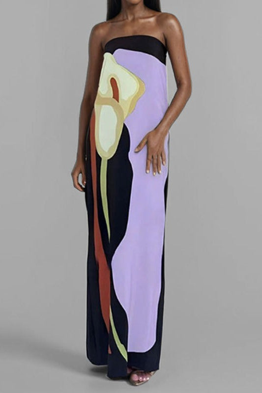 Strapless Oversized Abstract Floral Placement Print Column Maxi Dress
