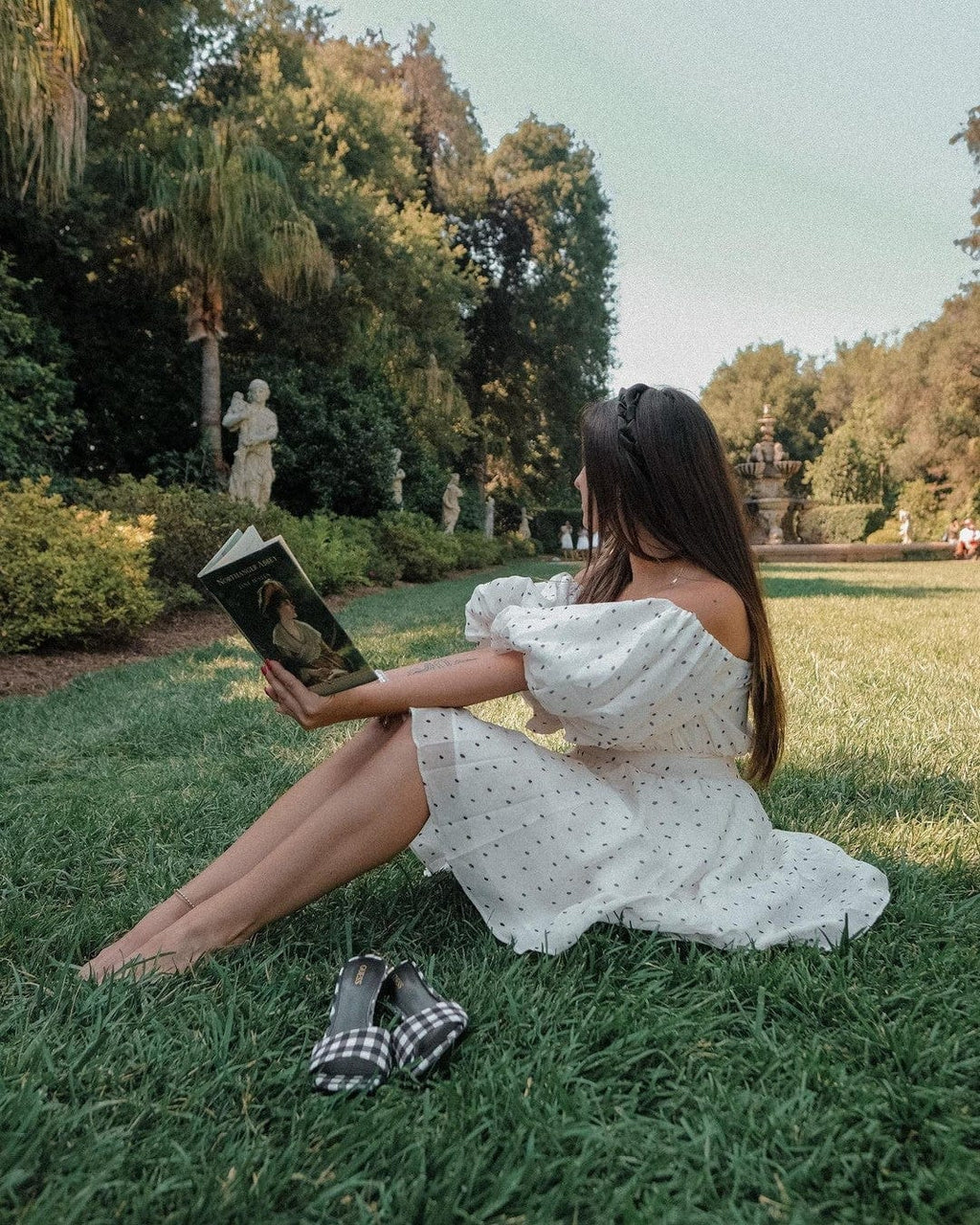 Off Shoulder Polka Dot Smocked Waist Puff Sleeve Ruffle Mini Dress
