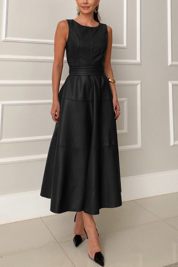 Faux Leather Princess Seam Waist Belt Tiered A-Line Midi Dress