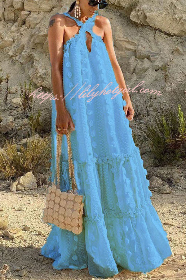 3D Floral Applique Halter Keyhole Tiered Maxi Dress
