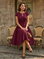 Vintage Glamour Dress 1950s Style Jewel Neck Cut Out Short Sleeves Medium Swing Dress