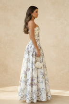 Strapless Corset Basque Waist Floral Print Ball Gown