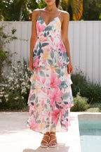 Spaghetti Strap Deep V Floral Print Tiered Ruffle Maxi Dress