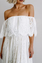 Lace Off Shoulder Flutter Sleeve Ruffled Panel Maxi Dress