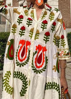 Suzani Floral Embroidery Tiered Collar Long Sleeve Maxi Shirt Dress