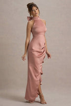 Satin Mock Neck Halter Bow Back Ruched High Split Maxi Gown
