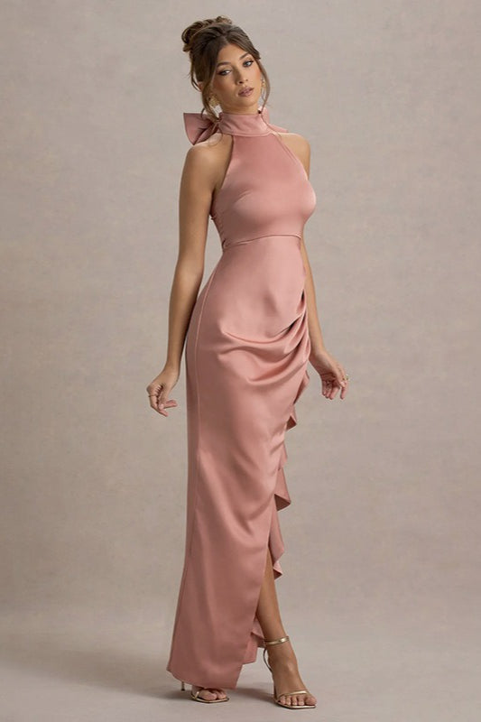 Satin Mock Neck Halter Bow Back Ruched High Split Maxi Gown