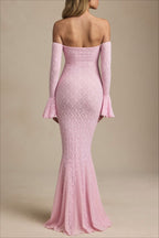 Sequin Off Shoulder Sweetheart Long Bell Sleeve Mermaid Formal Gown