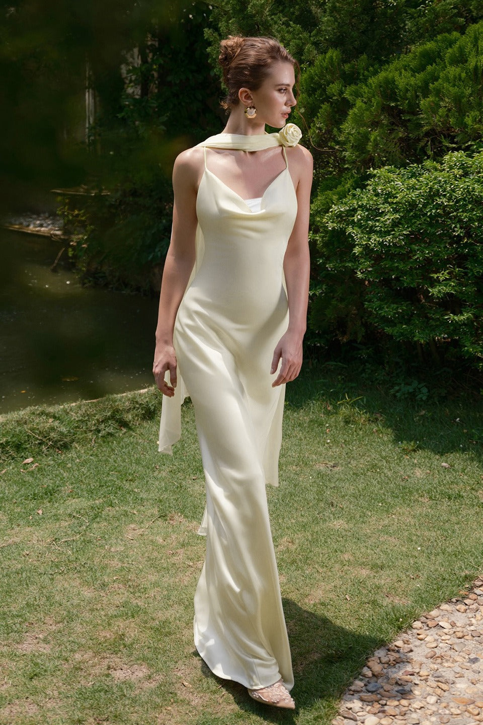Satin Spaghetti Strap Cowl Neck Rose Scarf Drape Column Maxi Gown