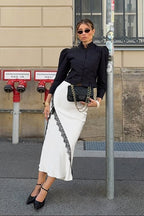 Vintage Satin Lace High-Waist A-Line Midi Skirt